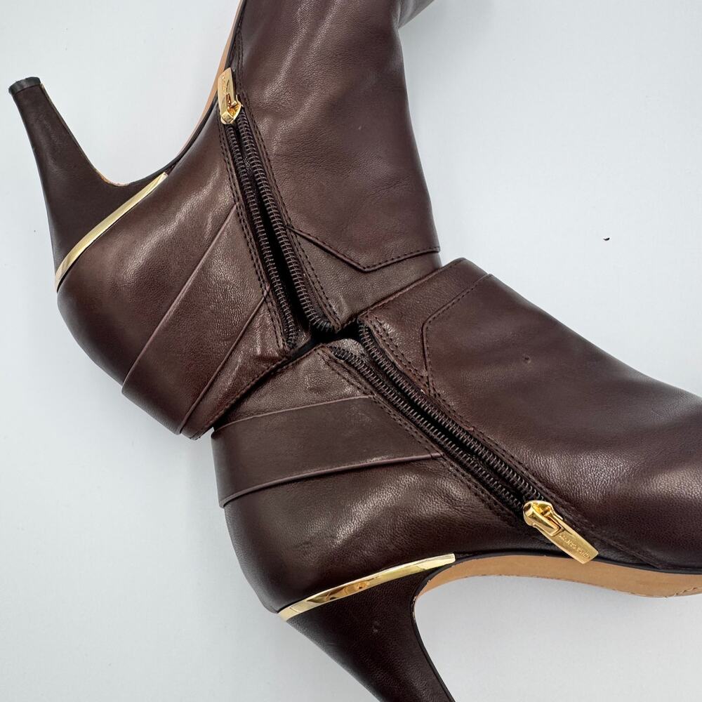 Vince Camuto Vernaya Ankle Booties 10M Espresso Brown Leather Gold Buckle Heels - Picture 7 of 16